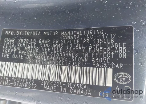 2018 Toyota Corolla Se from USA, damaged, VIN 2T1BURHE3JC017996